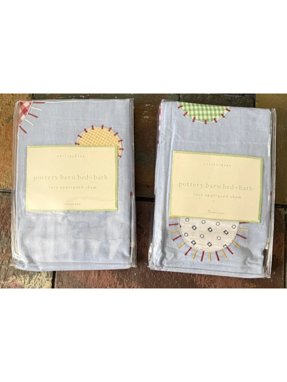 Pottery Barn Bed Bath Lucy Cotton Blue Multi Appliquéd STANDARD Sham Set 2pc